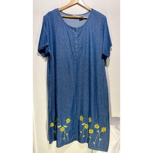 National denim midi dress embroidered sunflowers 100% cotton country women 2X